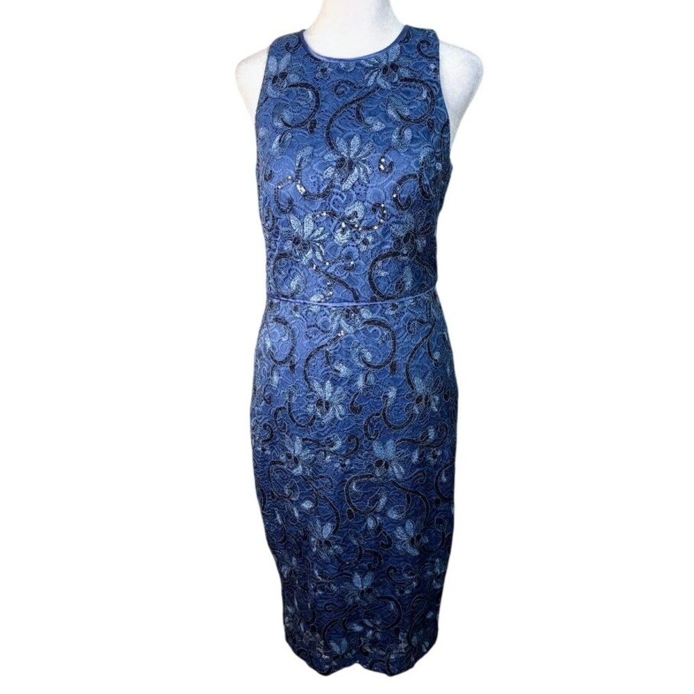 Vince Camuto Lace Sheath Dress 4 Blue Excellent‎ Sequin Keyhole Back Floral